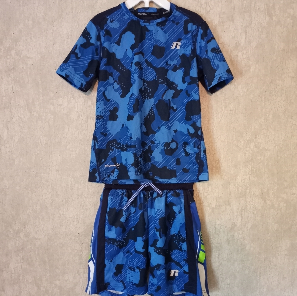 Boy's Russell blue camo athletic t shirt and shorts set size XS 4-5
